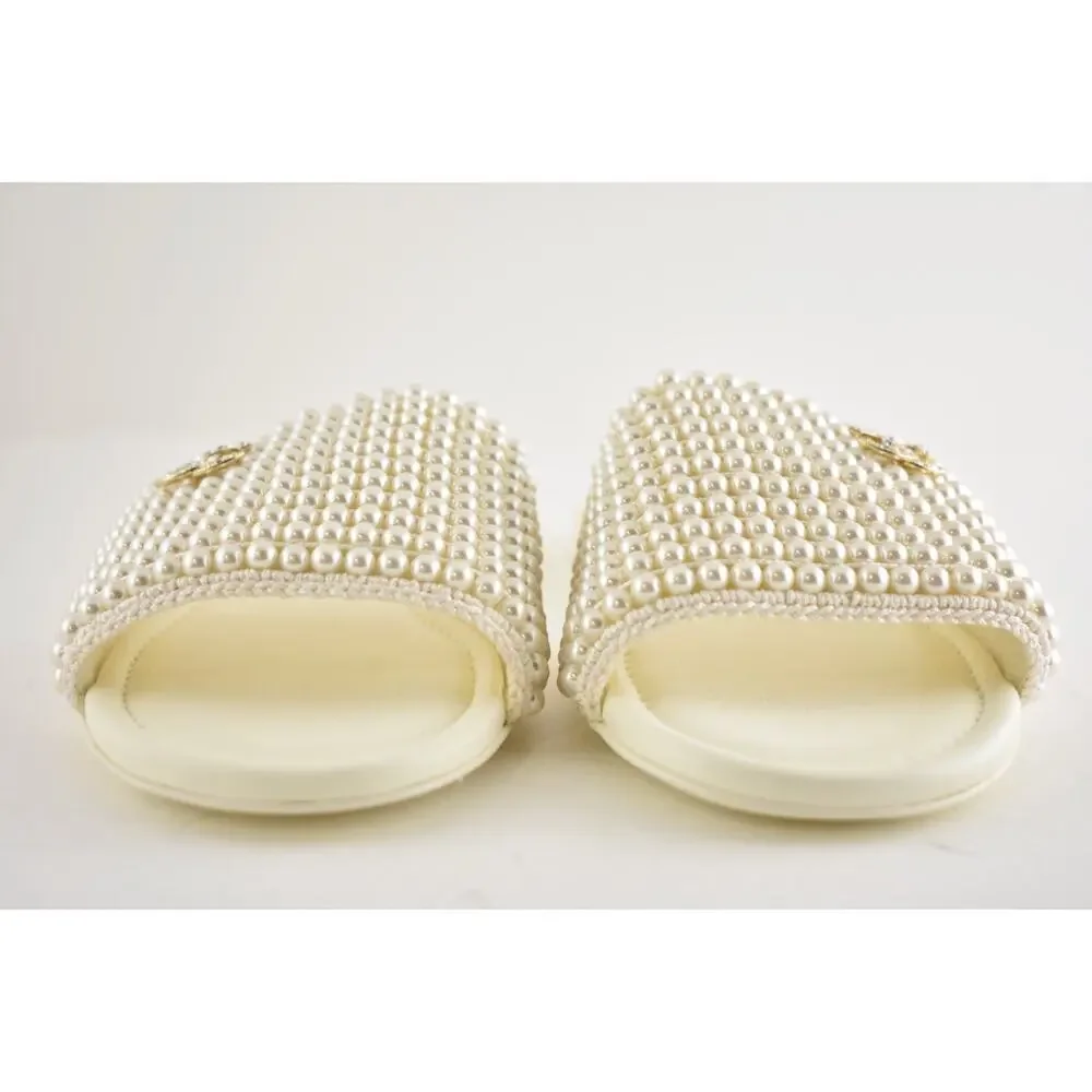 Chanel 25P Ivory White Pearl Embroidery CC Logo Slide Slip Sandal Mule Flat 36.5